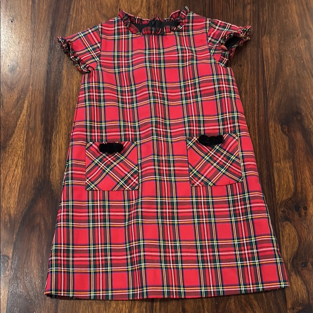 Florence Eiseman Size 5 Plaid Red and Pockets with Black Velvet Bows Kids Dress